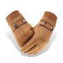 Gants en daim marron pour homme avec poignets côtelés et détails de sangle.