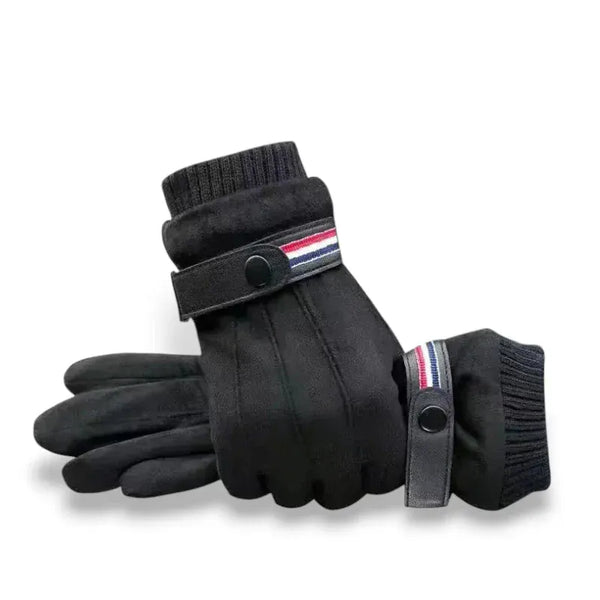 Gants noirs en velours épais pour homme avec bande décorative tricolore.