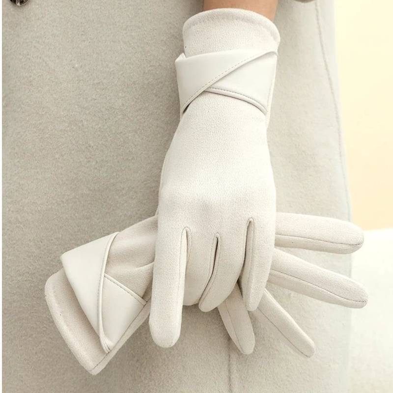 Gants chauffants en velours blanc pour femme avec détail nœud.