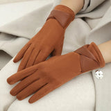 Gants chauffants en velours marron pour femme avec détail nœud en cuir.