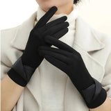 Gants noirs pour femme en velours avec nœud en cuir.