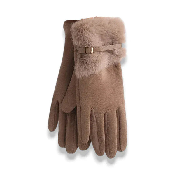 Gants pour femme en suédine marron avec bordure en fausse fourrure et boucle.