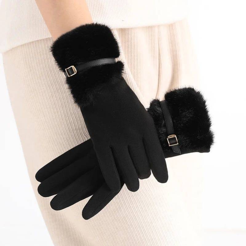 Gants noirs pour femme avec bordure en fausse fourrure et boucle.