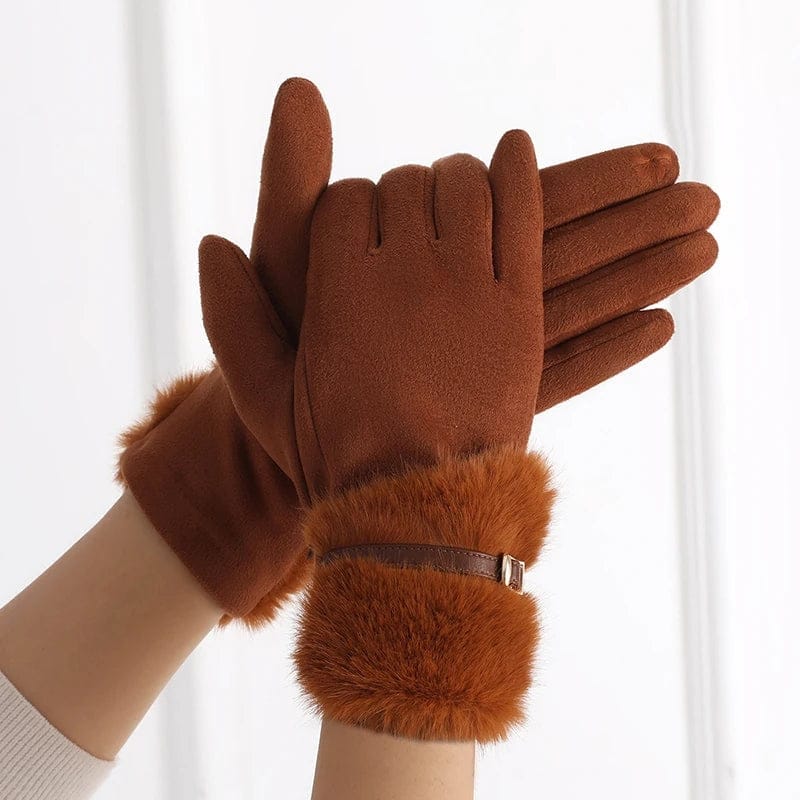Gants marron pour femme avec bordure en fausse fourrure et boucle.