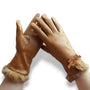 Gants en cuir marron pour femme avec nœud et bordure en fourrure.