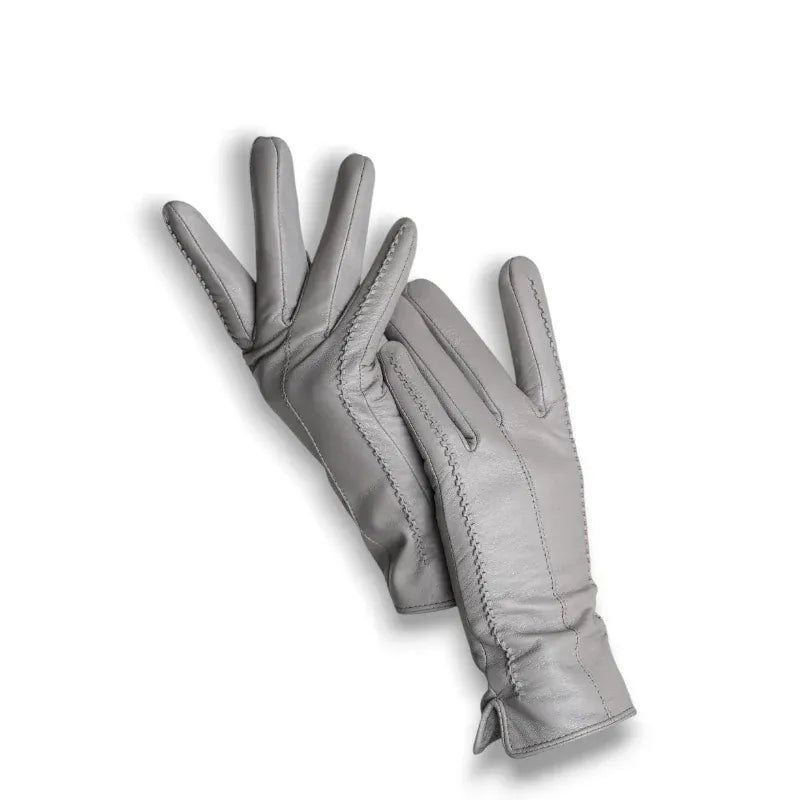 Gants en cuir gris pour femme avec coutures apparentes.