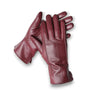 Gants en cuir bordeaux pour femme avec coutures décoratives.