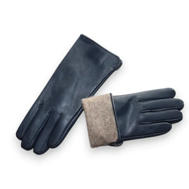 Gants en cuir bleu marine pour femmes avec doublure tricotée beige.