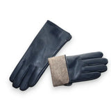 Gants en cuir bleu marine pour femmes avec doublure tricotée beige.