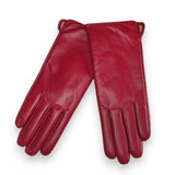 Gants en cuir rouge pour femmes avec doublure tricotée.