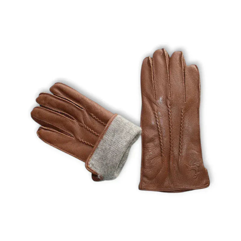 Gants en cuir marron pour homme avec doublure grise douce.