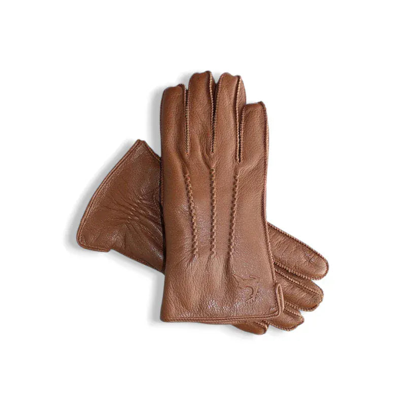 Gants en cuir marron pour homme avec coutures apparentes.