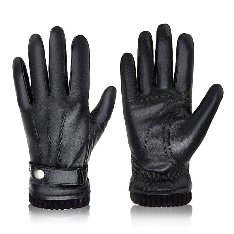 Gants en cuir noir pour homme avec doublure chaude et bracelet réglable.