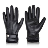 Gants en cuir noir pour homme avec doublure chaude et bracelet réglable.