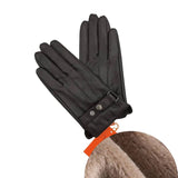 Gants en cuir noir pour homme avec doublure en velours et détails de boucle.