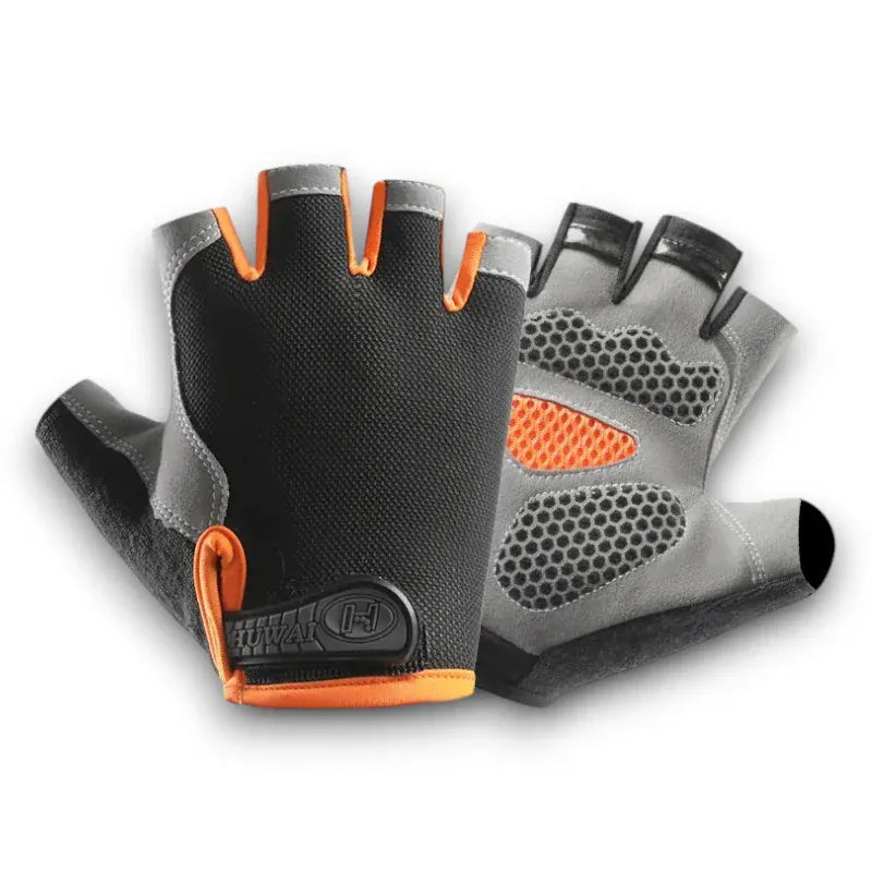 Gants de cyclisme unisexes demi-doigts gris et noirs avec accents orange.