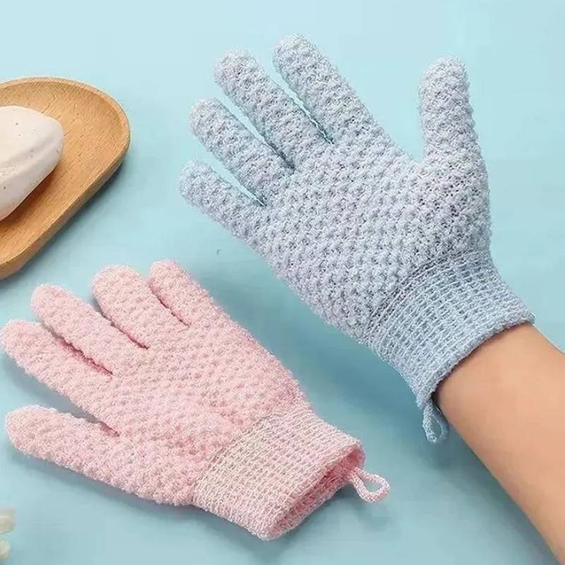 Gants de bain créatifs à cinq doigts, un rose et un bleu clair.