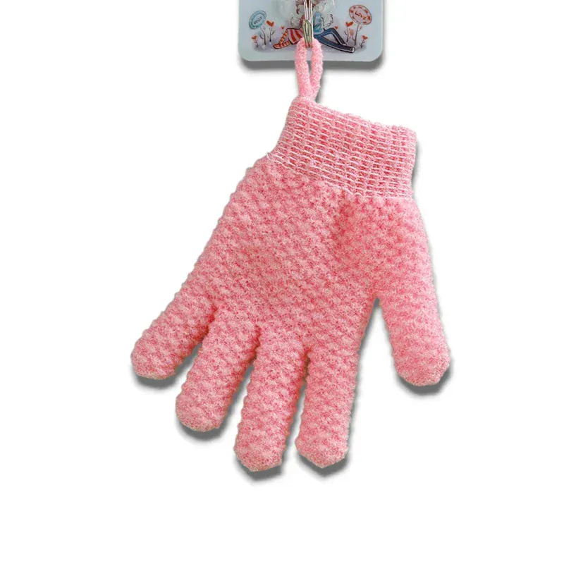 Gant de bain rose à cinq doigts avec boucle de suspension.