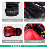 Gants de boxe noirs et rouges avec dragon, poignet élargi et anti-transpirant.