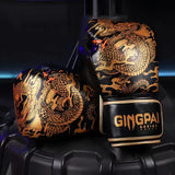 Gants de boxe noirs avec un dragon doré et le logo GINGPAI BOXING.