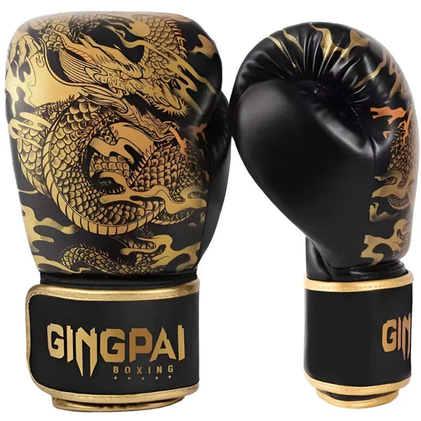 Gants de boxe noirs avec dragon doré et logo GINGPAI BOXING.
