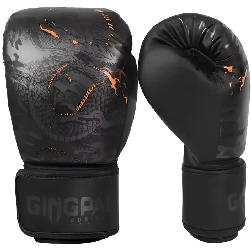 Gants de boxe noirs avec un dragon gris et des accents orange.