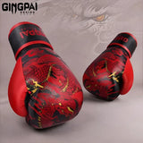 Gants de boxe rouges et noirs avec un design de dragon.