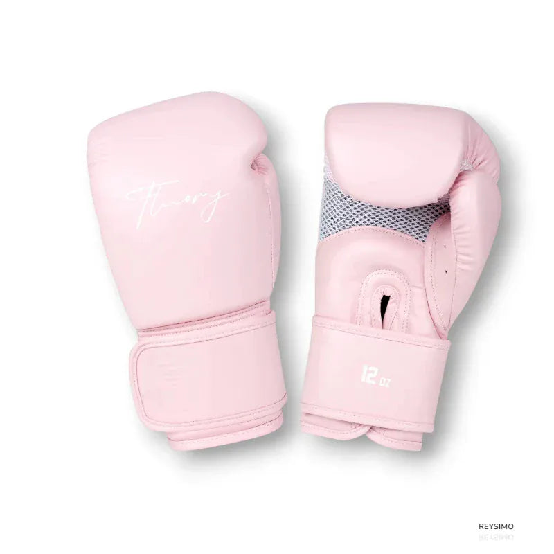 Gants de boxe unisexes roses avec inscription et indication de poids.