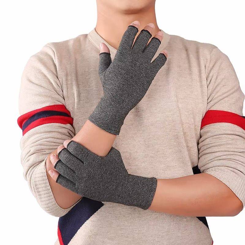 Gants de compression unisexes gris à bout ouvert pour soulager l'arthrose.