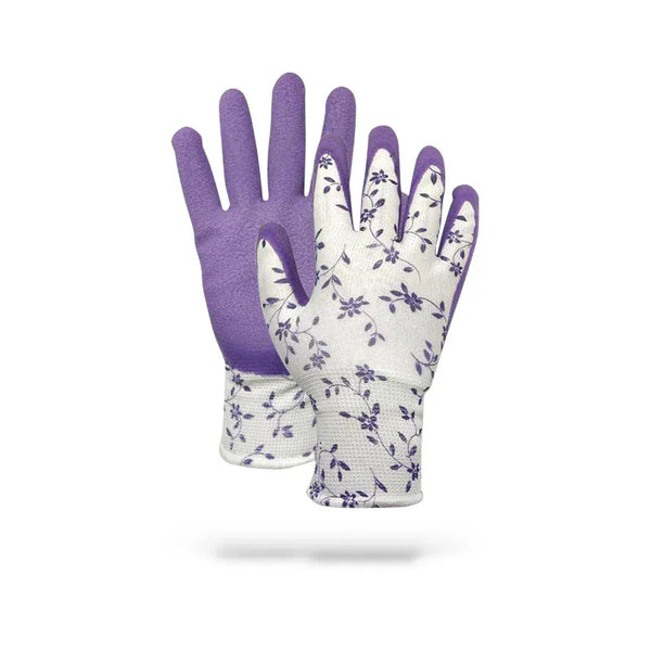 Gants de jardin violets avec motif floral blanc et bleu.