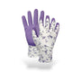 Gants de jardin violets et blancs à motif floral.