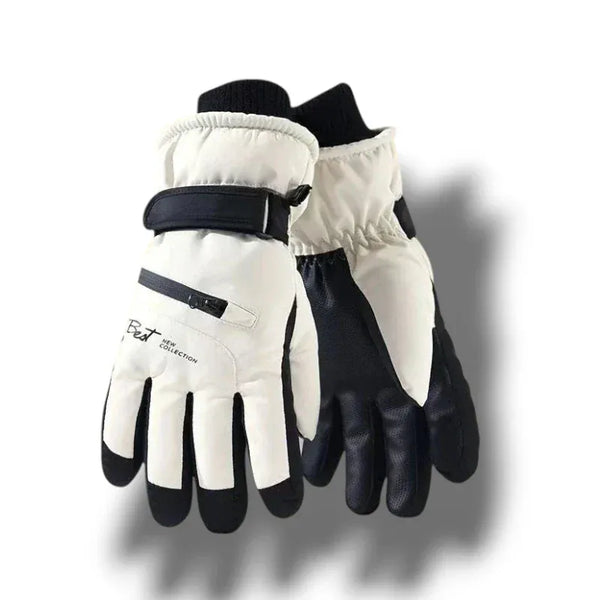 Gants de ski blancs et noirs pour femmes avec fermeture à scratch.