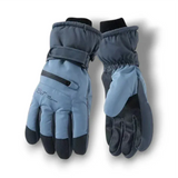 Gants de ski bleus et gris pour femmes avec fermeture velcro.