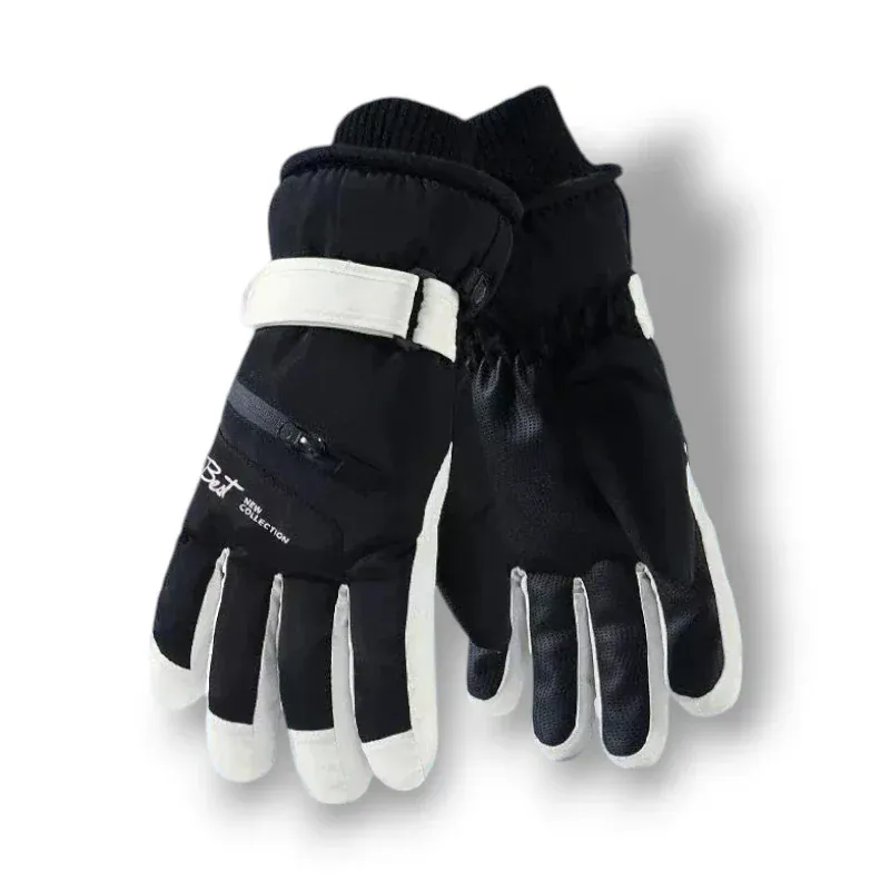 Gants de ski noirs et blancs pour femmes avec fermeture éclair et bande réglable.