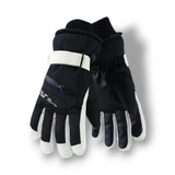Gants de ski noirs et blancs pour femmes avec fermeture éclair et bande réglable.