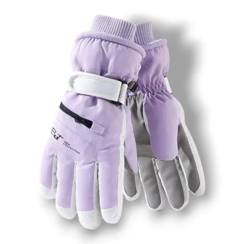 Gants de ski violets pour femmes avec fermeture velcro et détails gris.