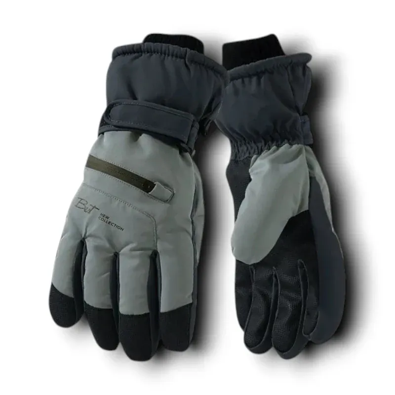 Gants de ski gris et noirs pour femmes avec fermeture velcro.