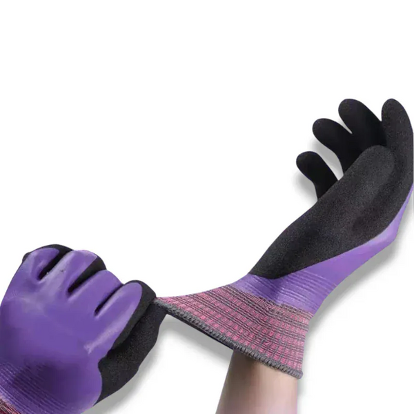 Gants en latex imperméables et antidérapants avec poignets extensibles violets et noirs.