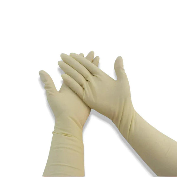 Gants longs en latex jetables de couleur beige.