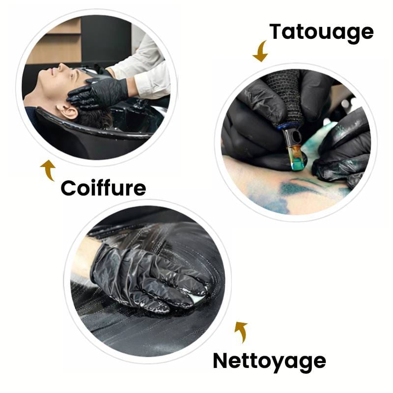Gants en latex noirs réutilisables pour coiffure, tatouage et nettoyage.