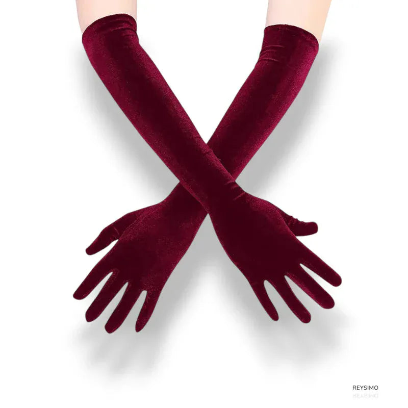 Gants longs en velours bordeaux pour femme.