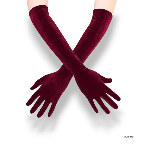 Gants longs en velours bordeaux pour femme.