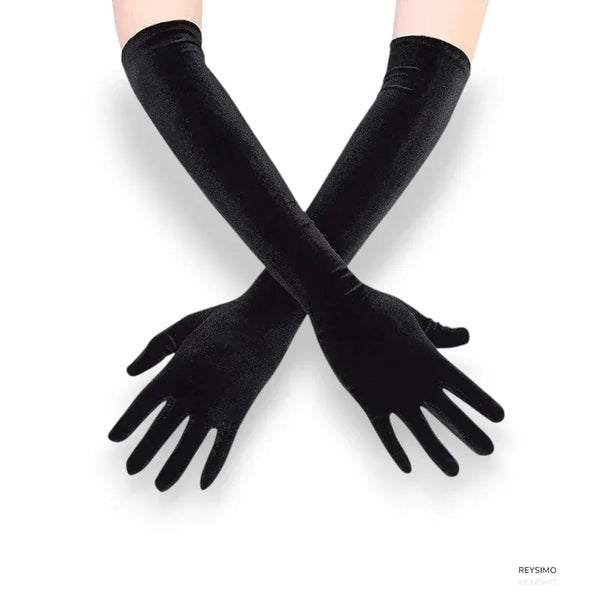 Gants longs en velours noir pour femme.