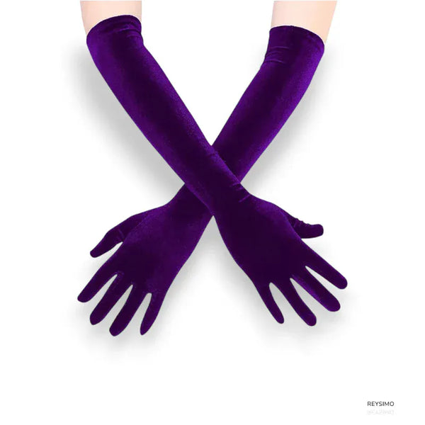 Gants longs en velours violet pour femme.