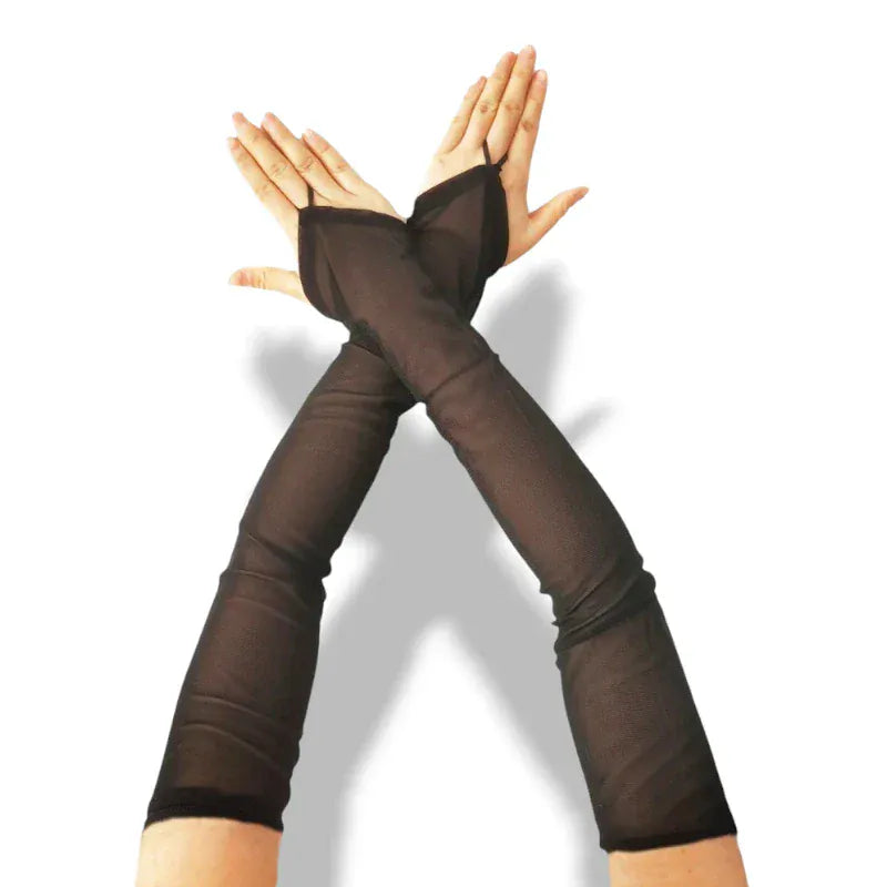 Gants longs femme en maille transparente noire sans doigts.