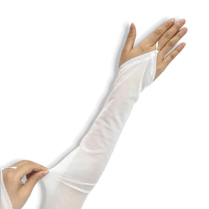 Gants longs femme en maille transparente sans doigts.