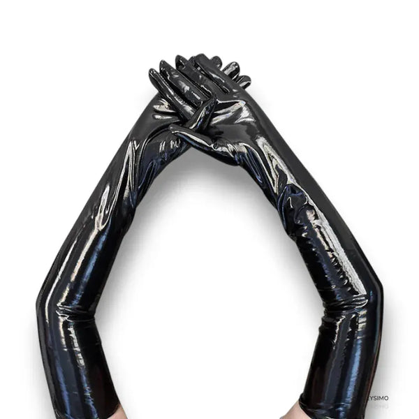 Gants longs noirs brillants pour femme.