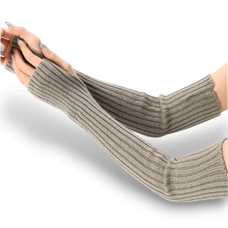 Gants longs en maille côtelée gris pour femme sans doigts.
