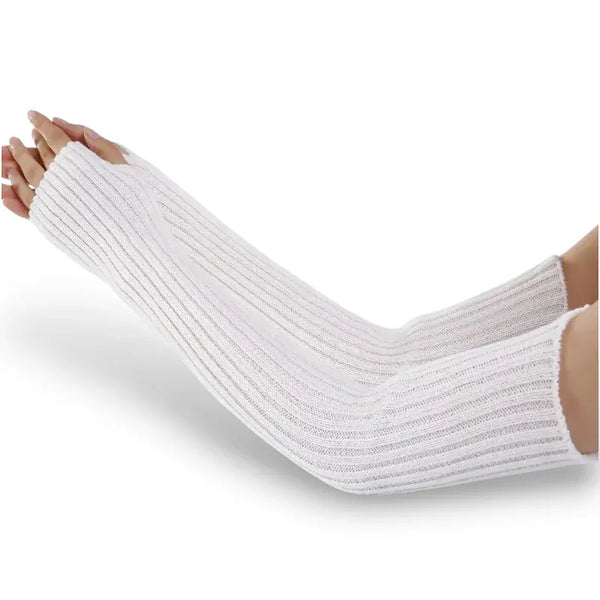 Gants longs blancs en maille pour femme sans doigts.