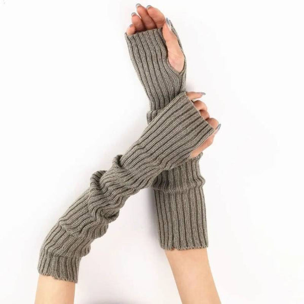 Gants longs en maille gris pour femme sans doigts.